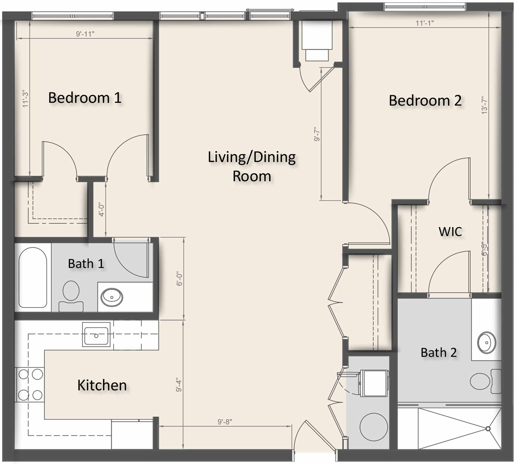 TYPE "T" - TWO BEDROOM (1,098 SF)
